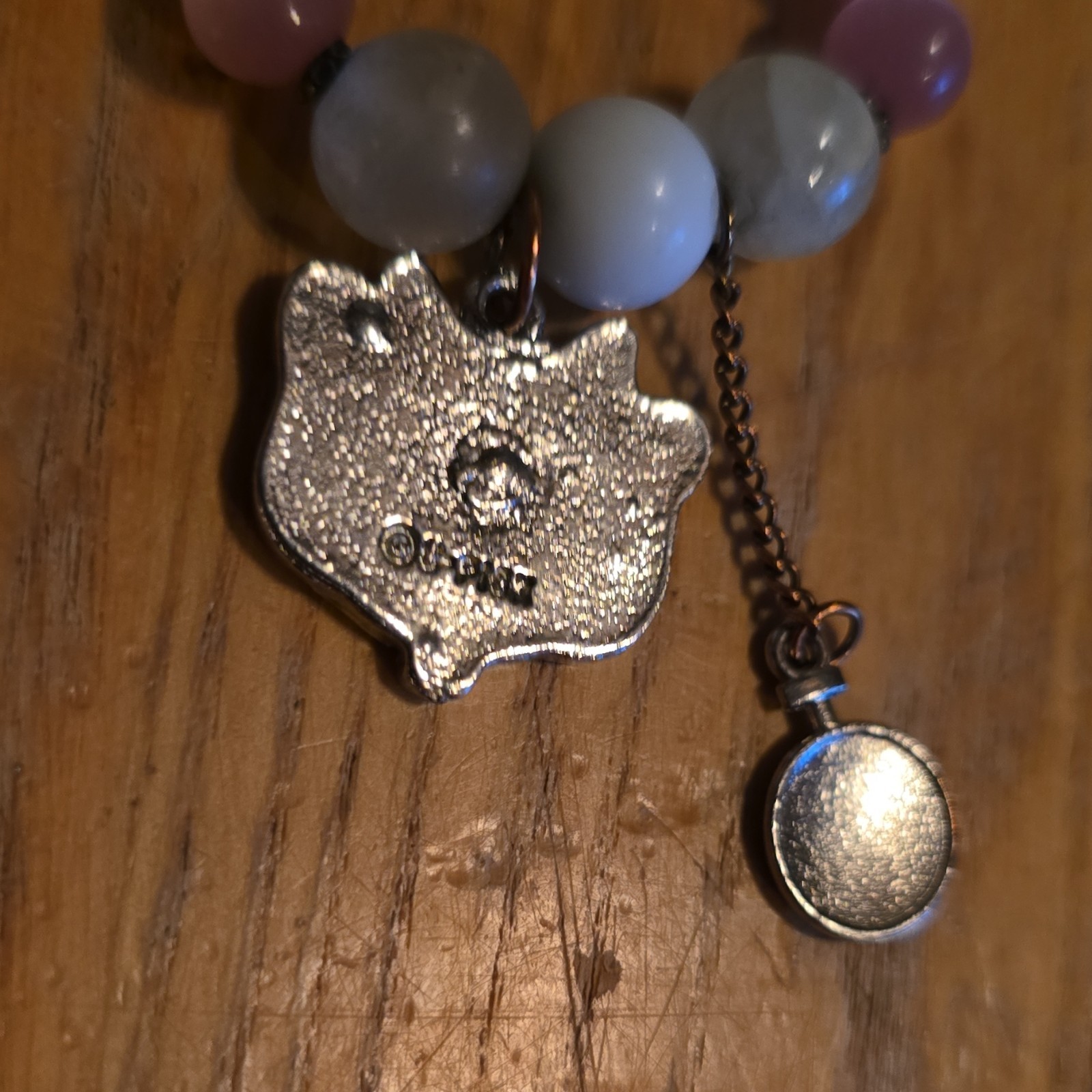 Signed Multicolor Beaded Charm Bracelet Pink & Blue Beads Cat Face Clock Dangle