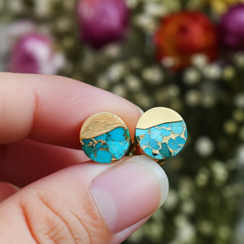 Handmade Natural Turquoise Stud Earrings Blue Gemstone Gold Plated Jewelry Gift
