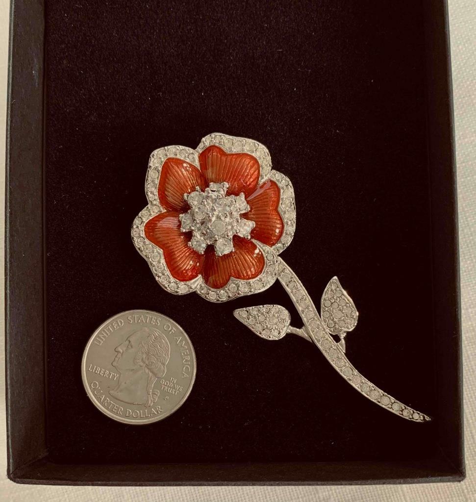 WOW! Signed Bijoux Cascio Silver Tone, Rhinestone & Copper Finish Floral Brooch