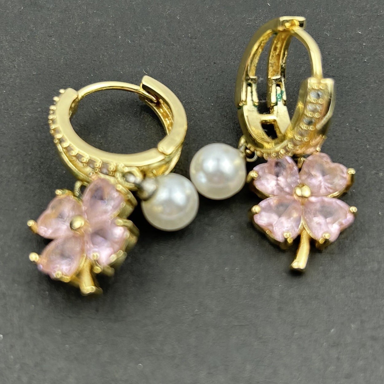 Pink Clover Flower Pearl Drop Huggie Hoop Earrings – Lymphatic MagneTherapy