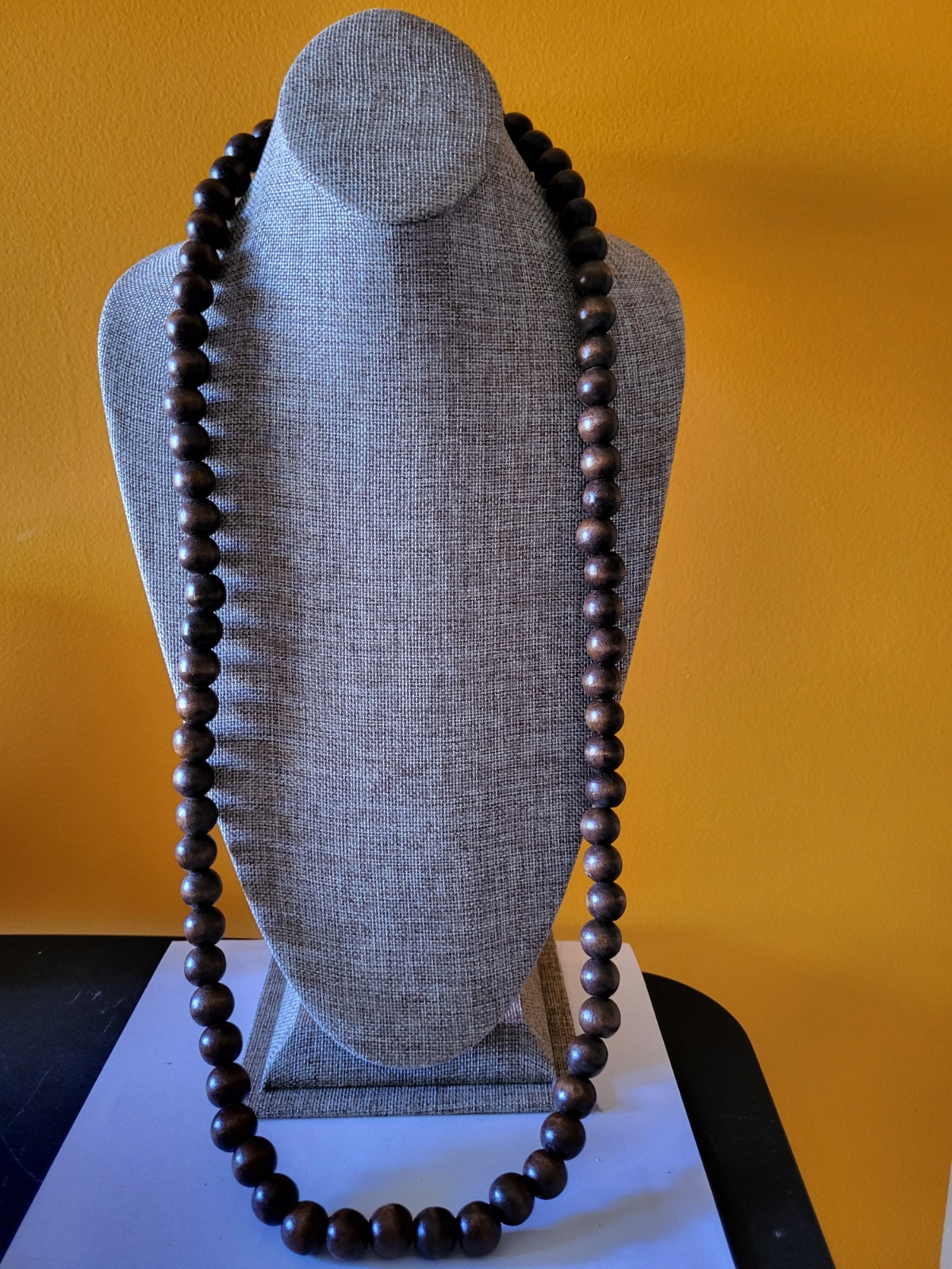 Long wooden bead necklace made of dark brown beads 37in