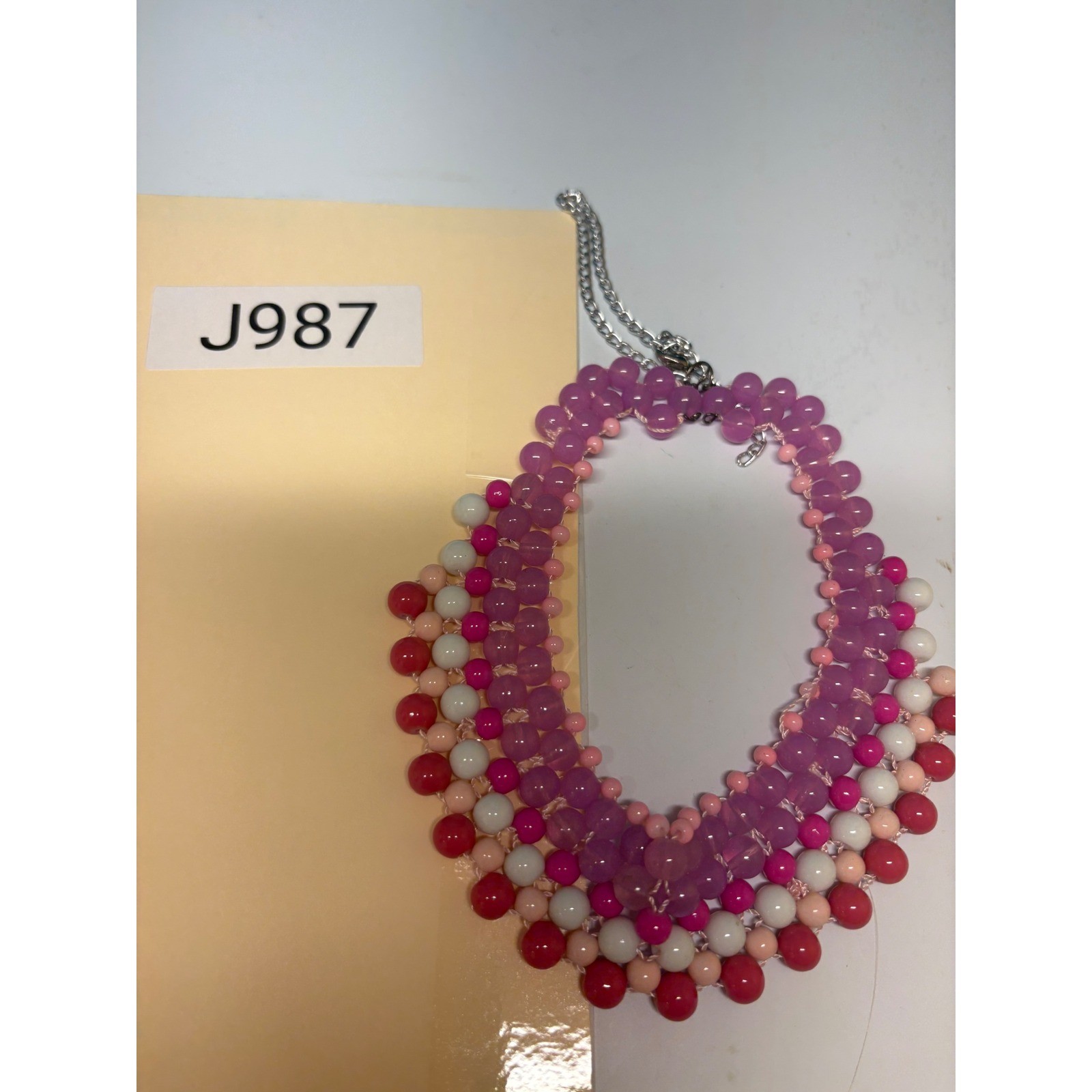 Handmade Pink Purple White Beaded Bib Statement Necklace Adjustable