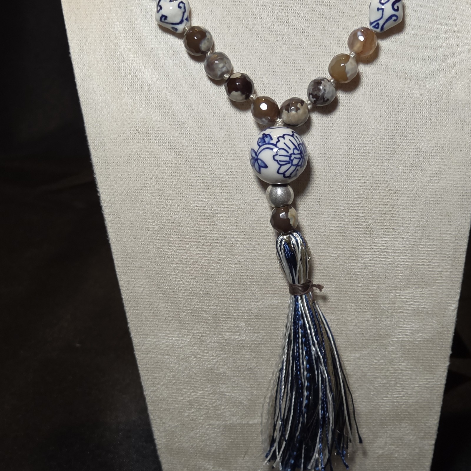 Blue &White Porcelain Bead Tassel Necklace With Agate Accents.