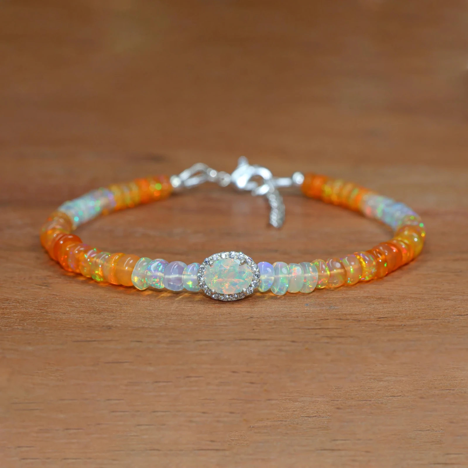 Orange Opal Gemstone Shaded Beaded Bracelet, Multifire Opal Oval Charm Bracelet