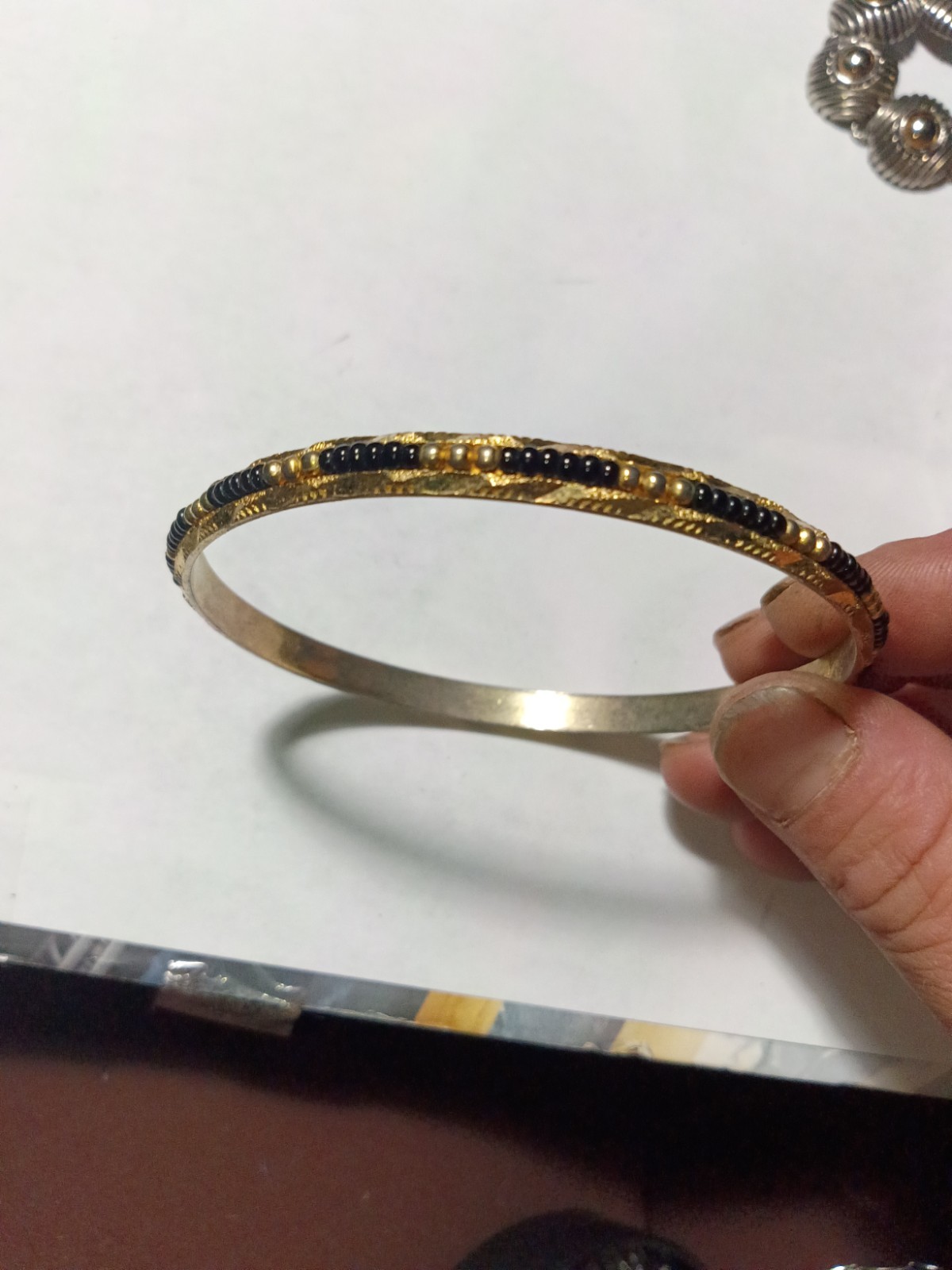 Gold Tone Round Bangle Bracelet w/ Blue Beaded Detail, Smooth Band, No Stone