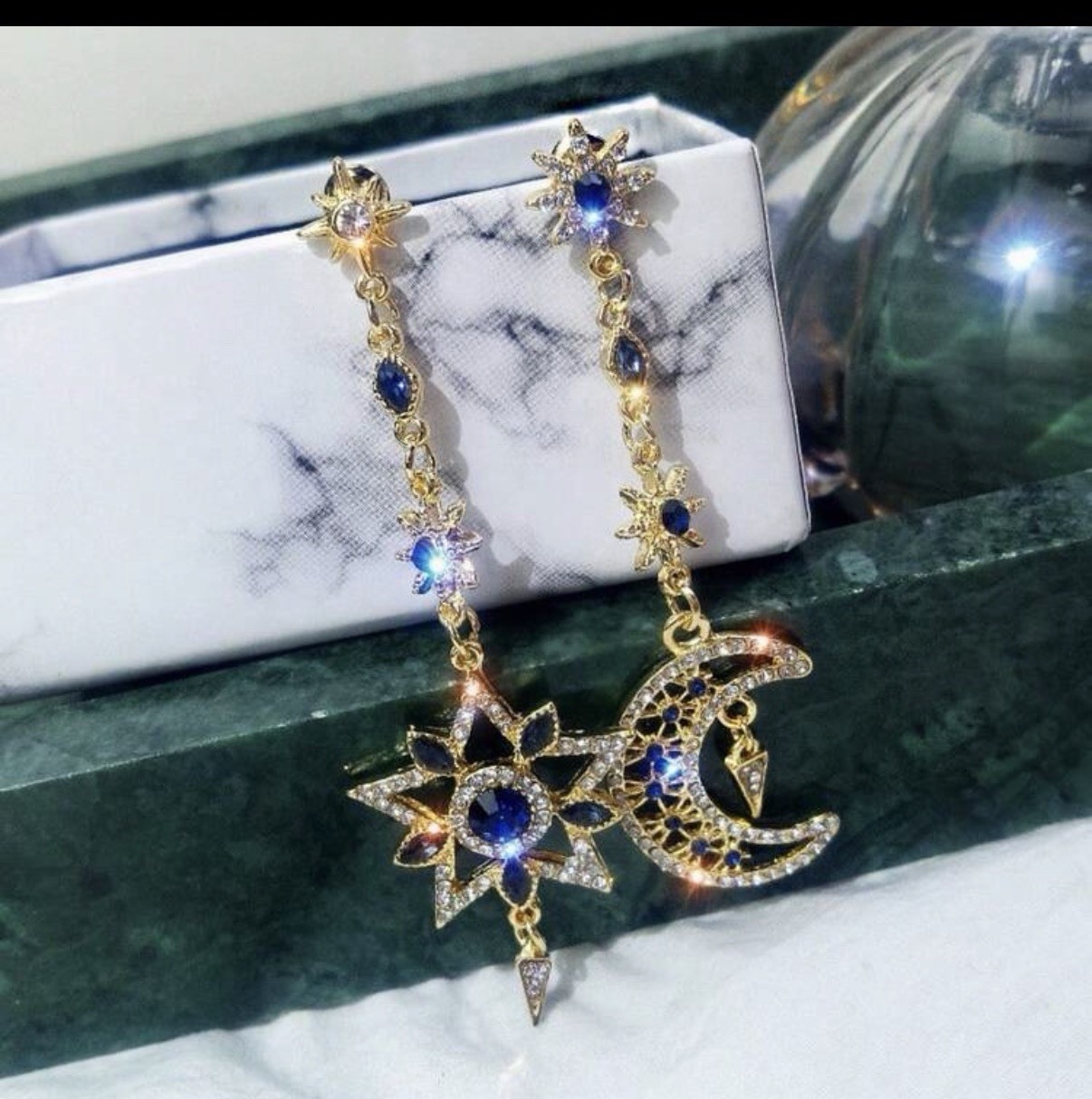 Gold Celestial Star & Crescent Moon Dangle Earrings Blue Crystal
