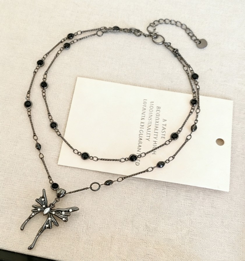 Gun Tone Butterfly Charm Black Crystal Inlay Layered Bar Link Choker Necklace