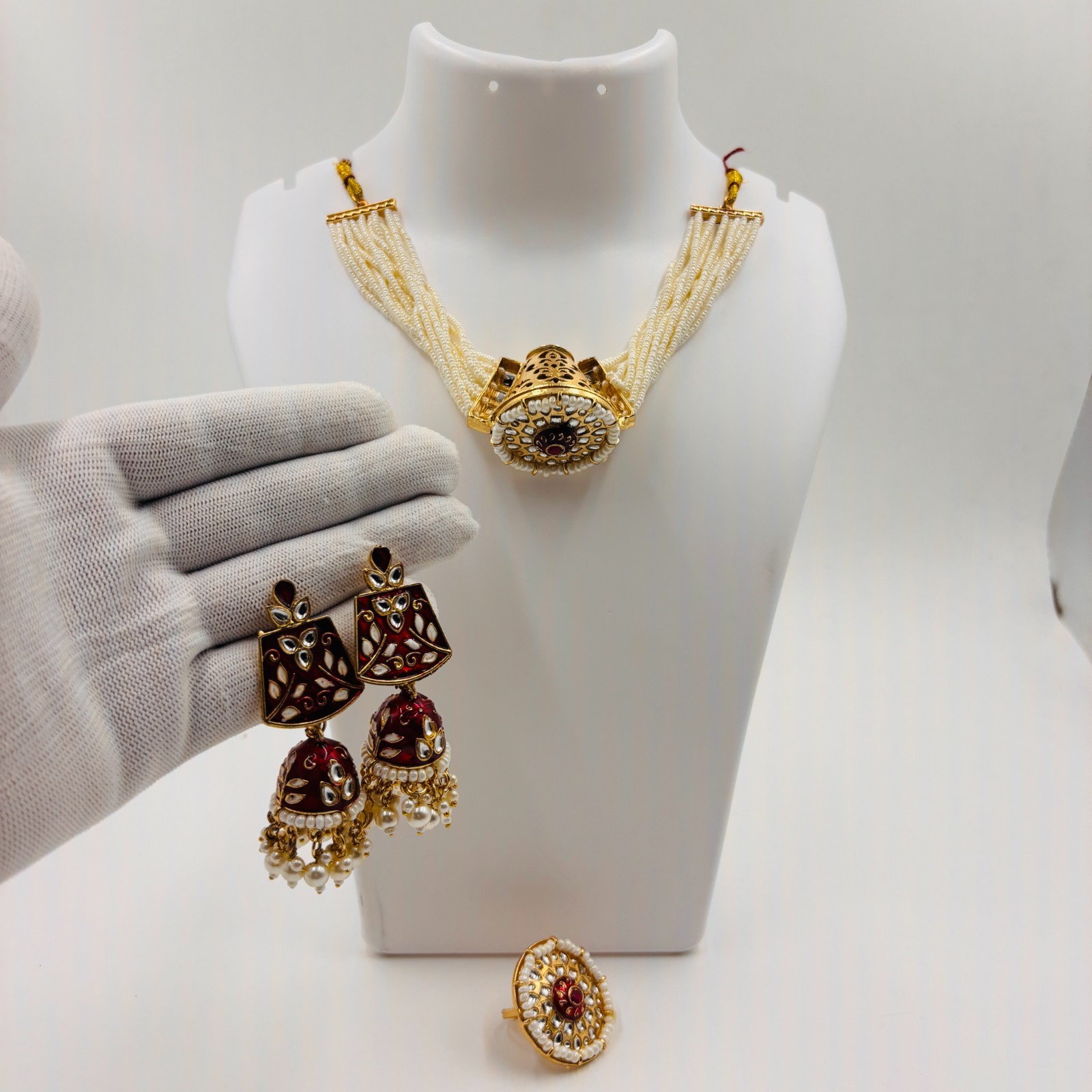 Kundan Pearl Necklace Set with Jhumka Earrings and Ring Indian Traditional Jewel