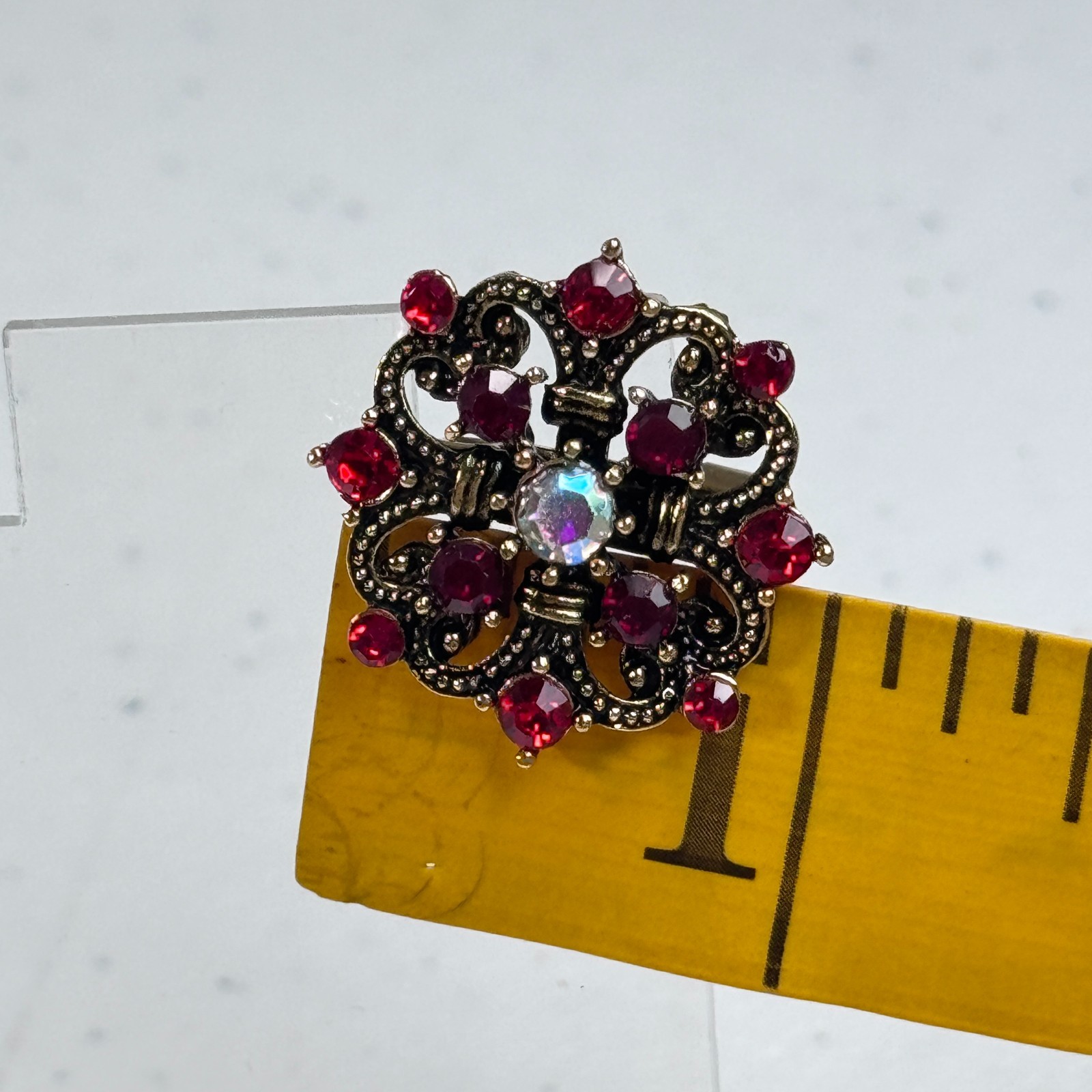 Brooch Red Rhinestone Aurora Borealis Floral Gold Tone Layered Flower 1576-13