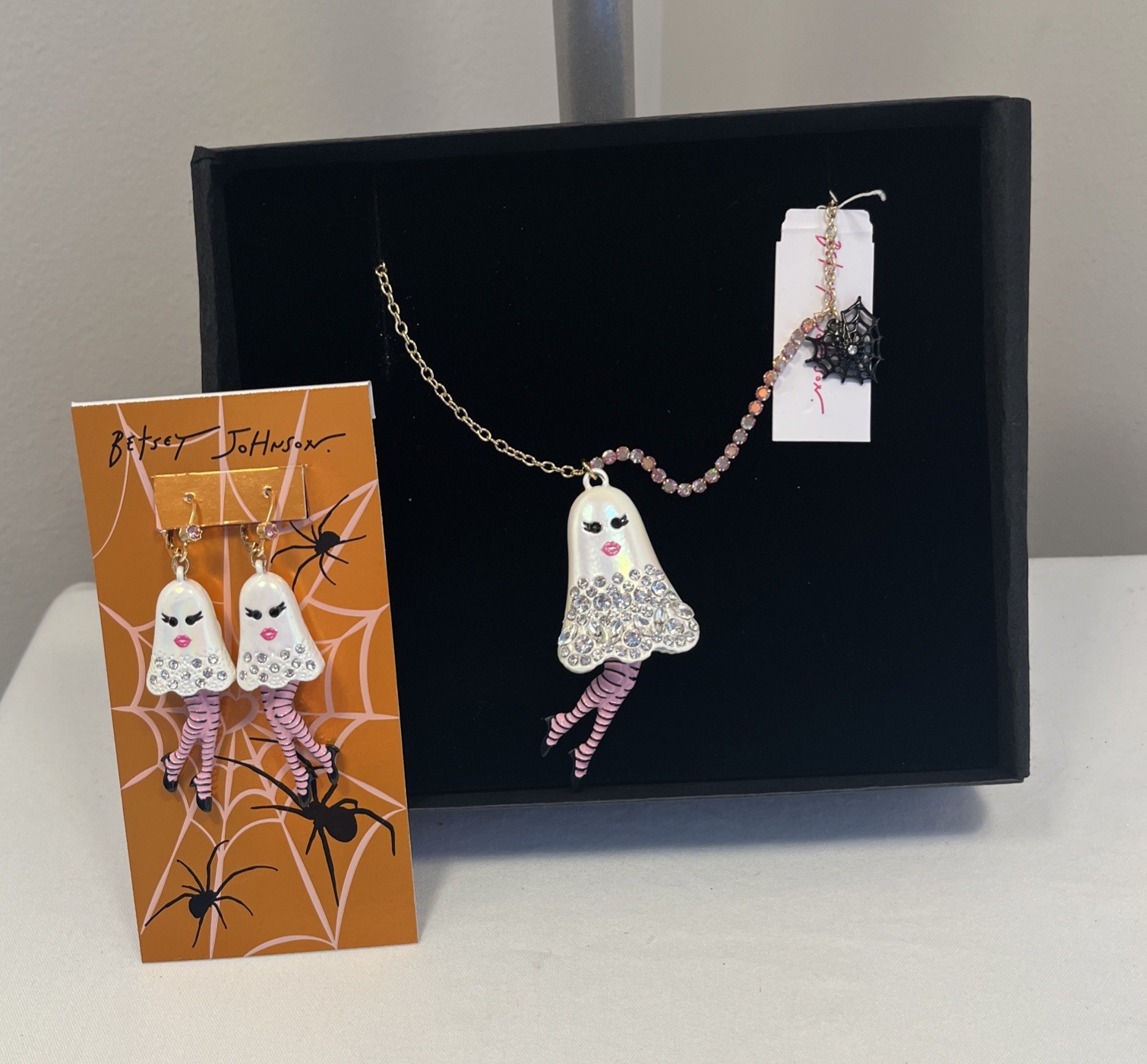 Betsey Johnson Necklace & Earrings Ghost Girl Dangle w/Spider Web Halloween BNWT