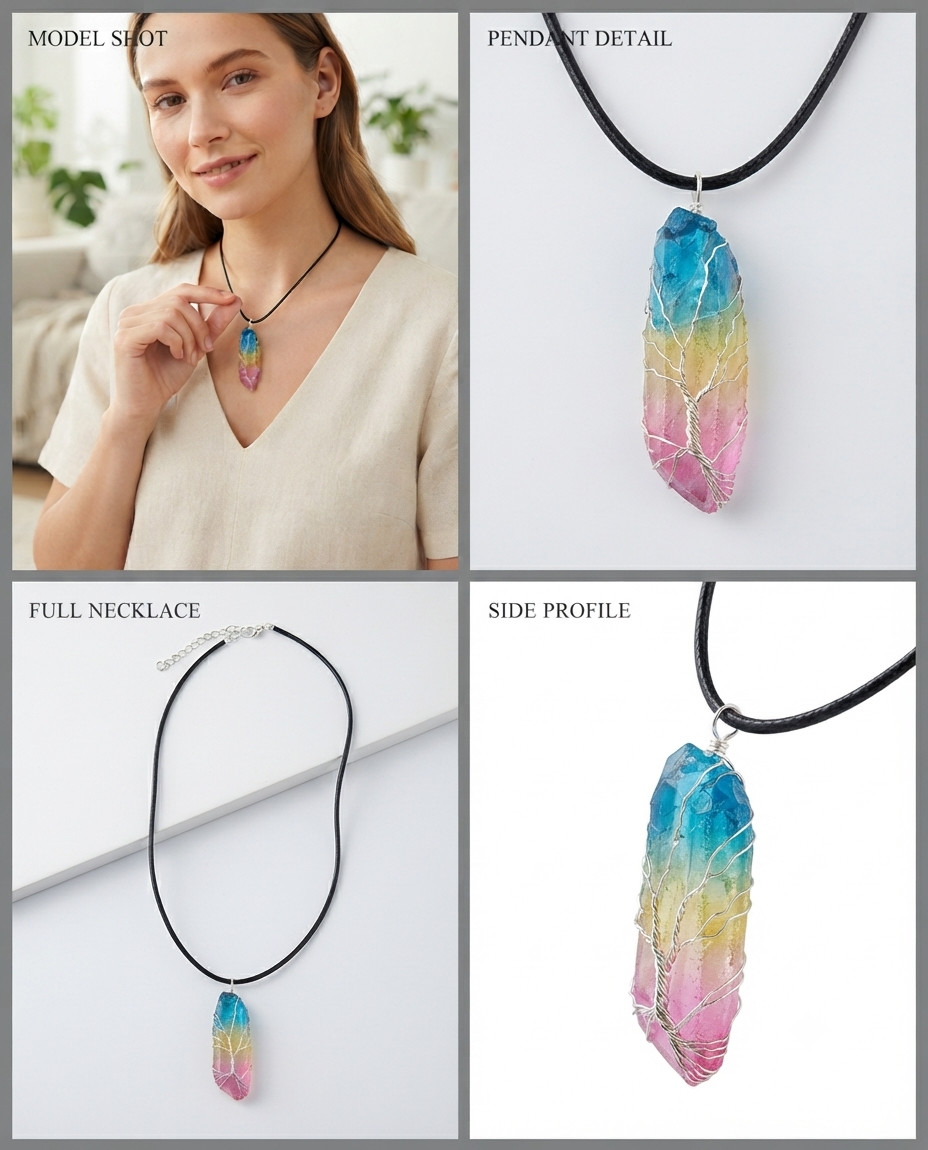 Rainbow Crystal Pillar Necklace Tree of Life Wire Wrap Fashion Jewelry