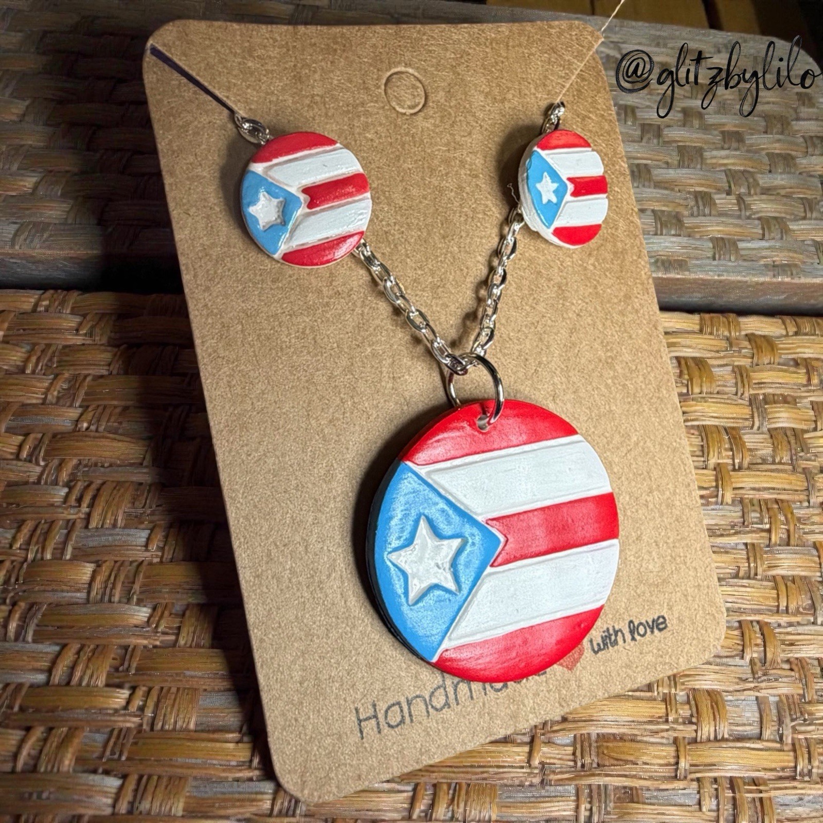 Puerto Rico Flag Necklace Pendant Set Stud Earrings Pride Set Gift 18 Inches Set