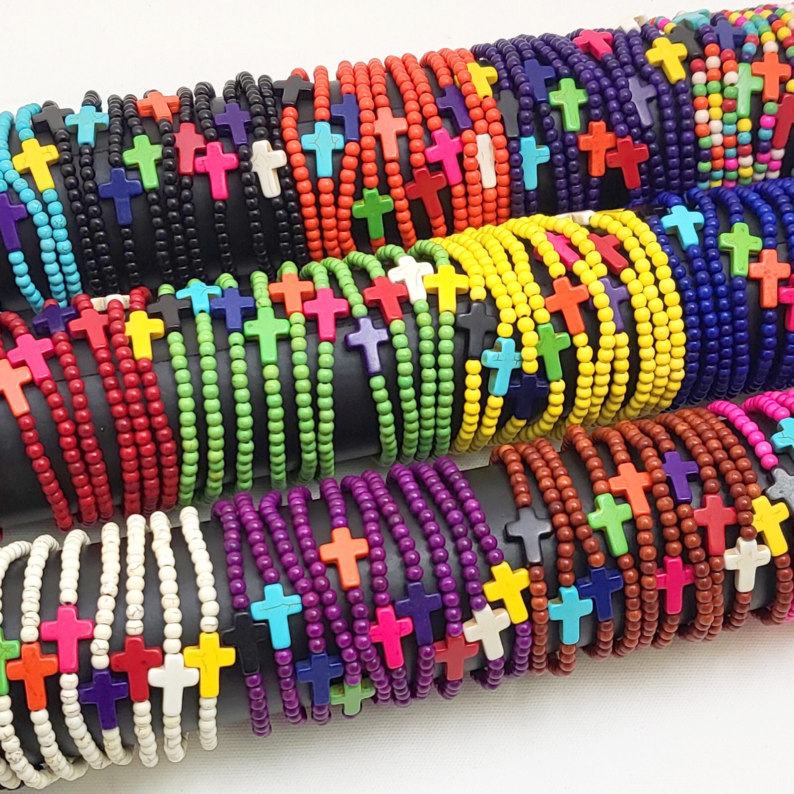 Cross Bracelet Handmade Beaded Howlite Turquoise Bead 7.5″ 6mm Halloween Gift