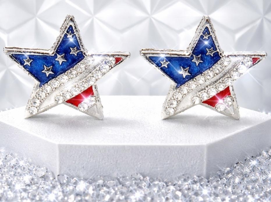 PATRIOTIC GOLDTONE OR SILVERTON CLIP-ON EARRINGS CLEAR CRYSTALS FREE SHIPPING