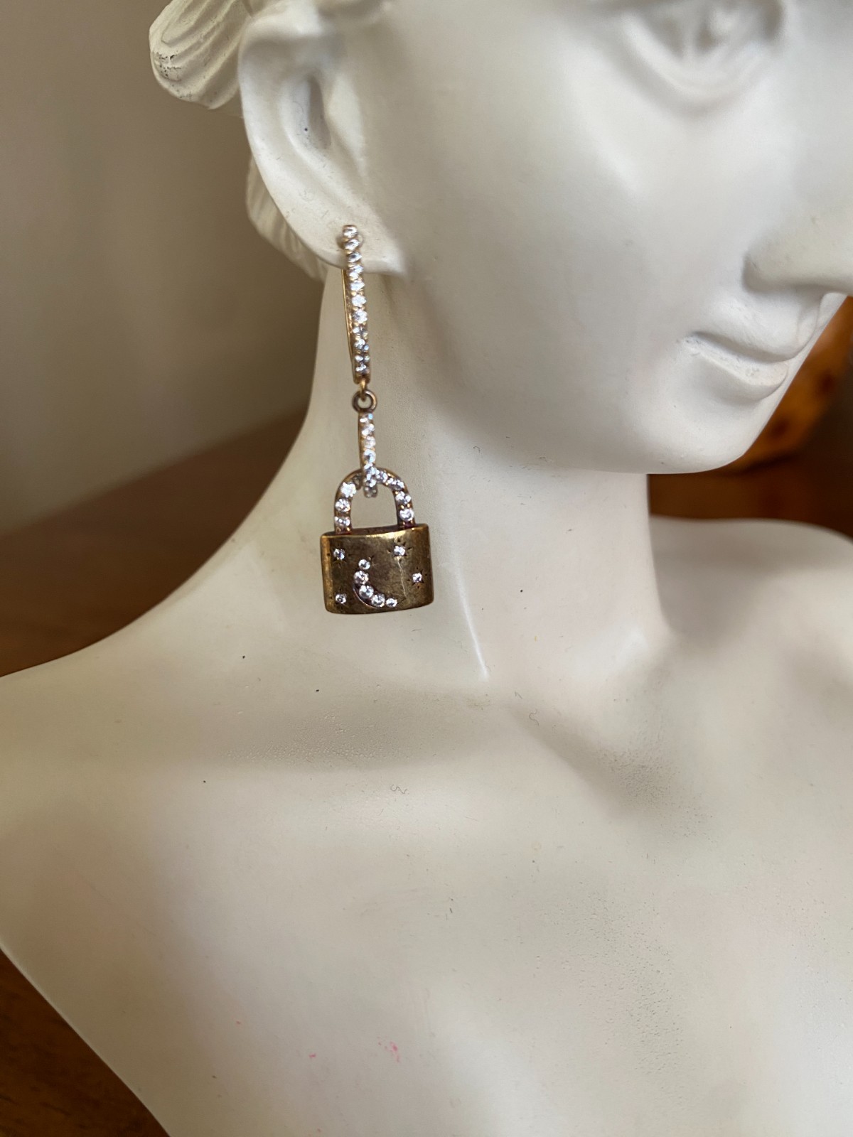 Celestial Lock Earrings Gold Vermeil CZ Moon & Stars English Lock Pierced
