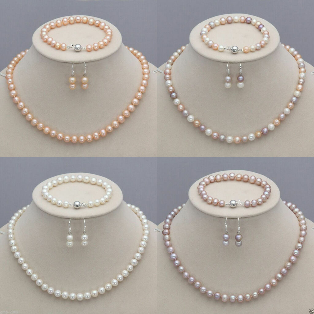 7-8mm Real Natural Freshwater Pearl Necklace Bracelet Earrings Jewelry Set