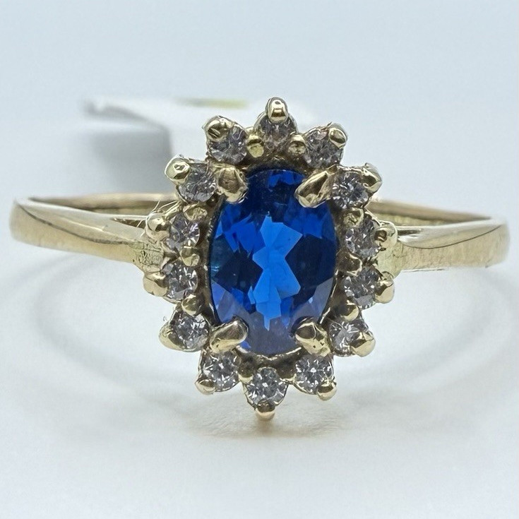18k Yellow Gold Tone Halo Cocktail Ring Blue Oval CZ Stone Size 7