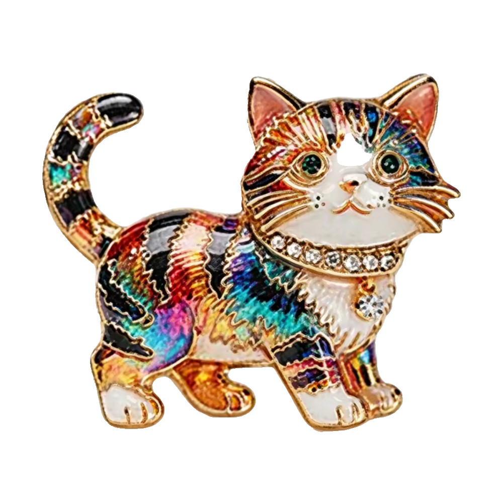 Retro Colorful Cat Brooch Gold Rhinestone Kitten Pin Cute Animal Jewelry Gift