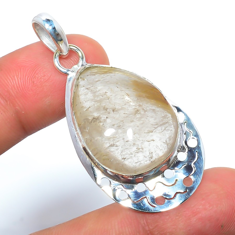 Golden Rutilated Quartz – Bahia Silver Handmade Pendant 1.95″ T93