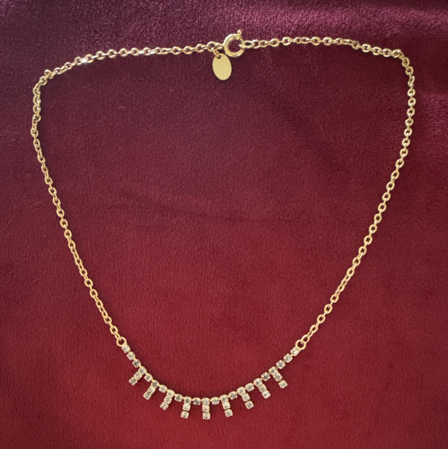 Signed Park Lane Gold Tone Cable Chain Necklace Crystal Rhinestone Fringe Bar