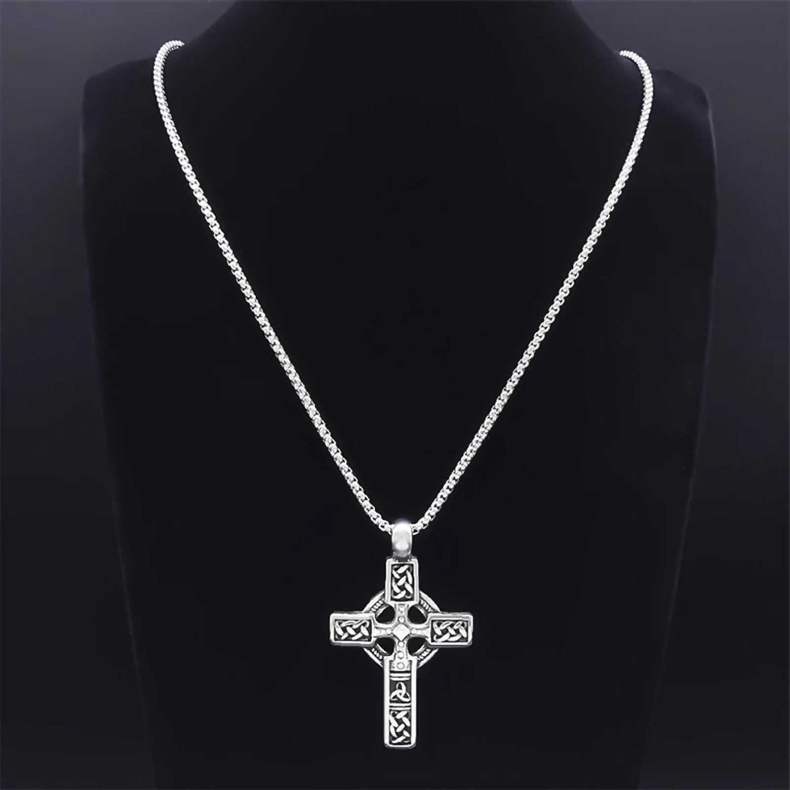 Medieval Celtic Cross Necklace Silver Stainless Steel Irish Crucifix Pendant