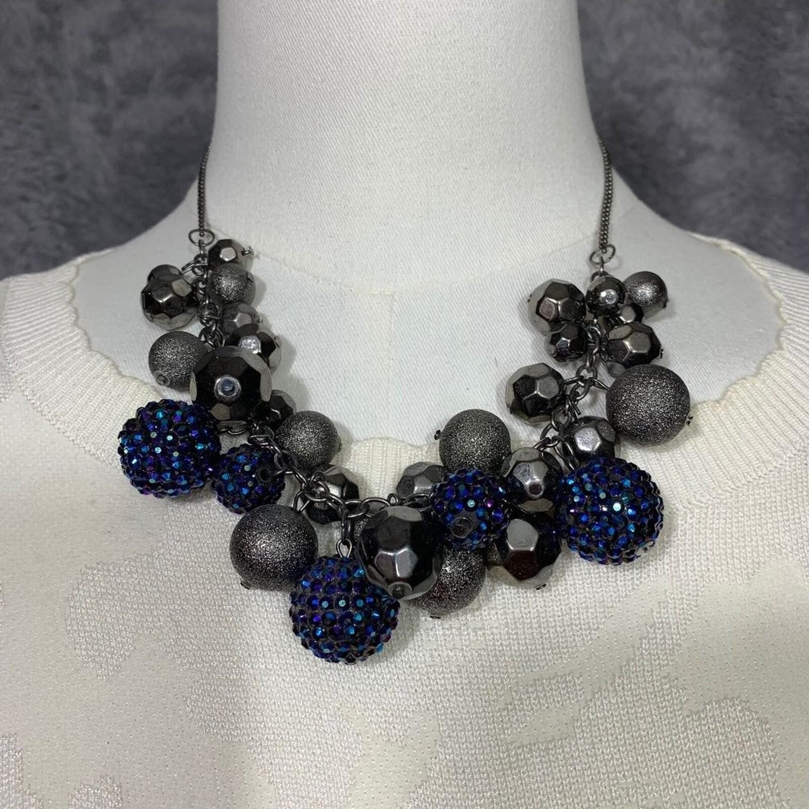 Unbranded Statement NecklaceWomen OS Gunmetal Blue Pave BeadedChunky Bib Cluster