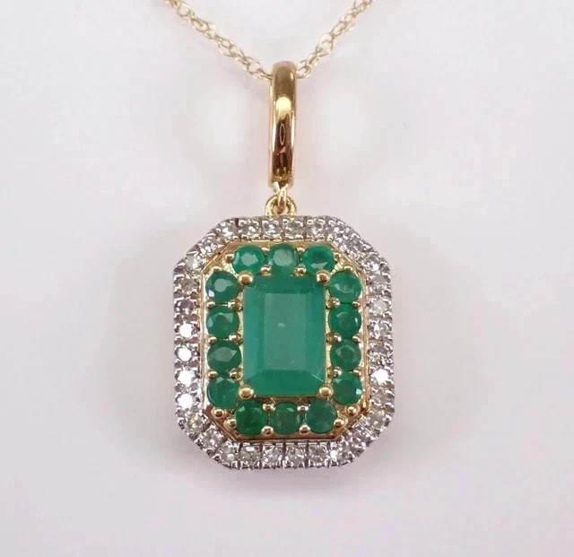 2.50Ct Emerald Cut Simulated Green Emerald Halo Pendant 14K Yellow Gold Plated