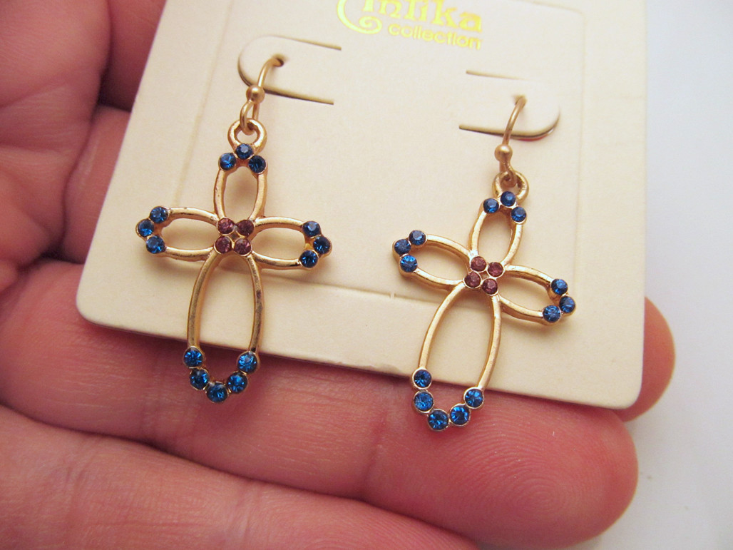 *NEW Gold Tone Cross Pierced Earrings Blue & Purple Crystals by Antika