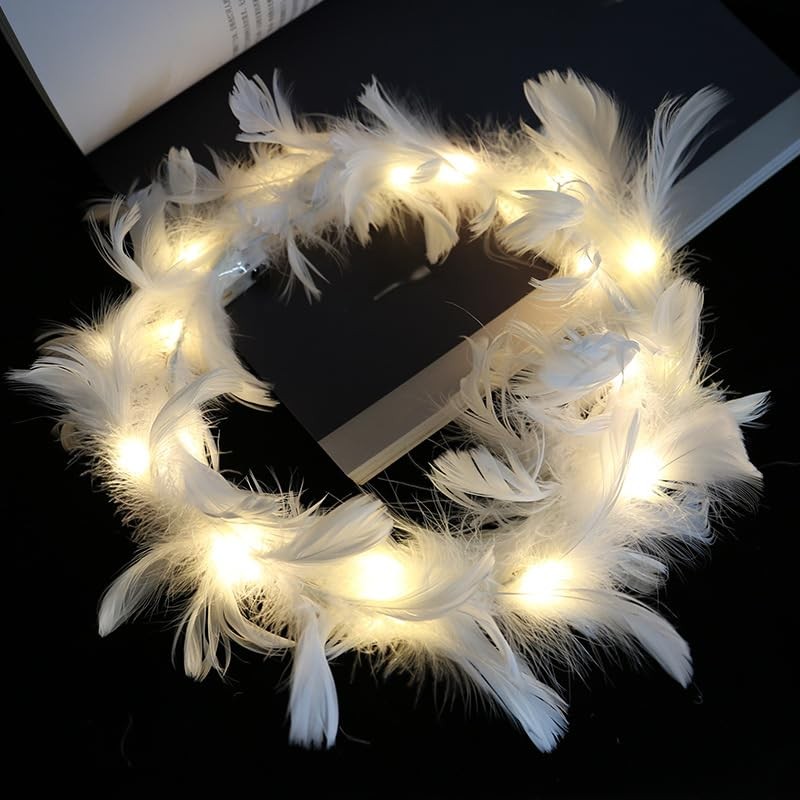 LED Feather Wreath Crown Headband Light-Up Angel 19.5cm/7.67 inch, Warm White