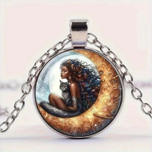 Moon Girl Art Round Pendant Necklace Jewelry Gift