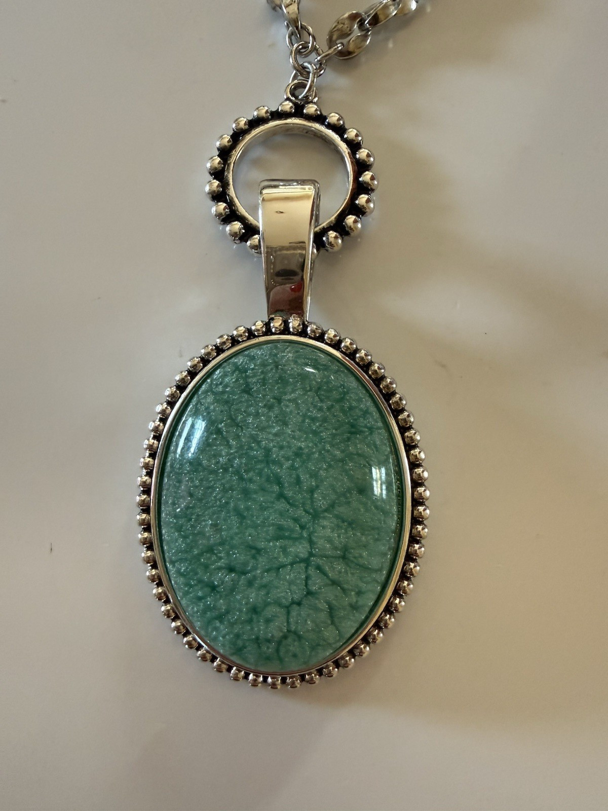 Silver-Tone Reversible Oval Green Stone Pendant Necklace, Bezel, Toggle Clasp