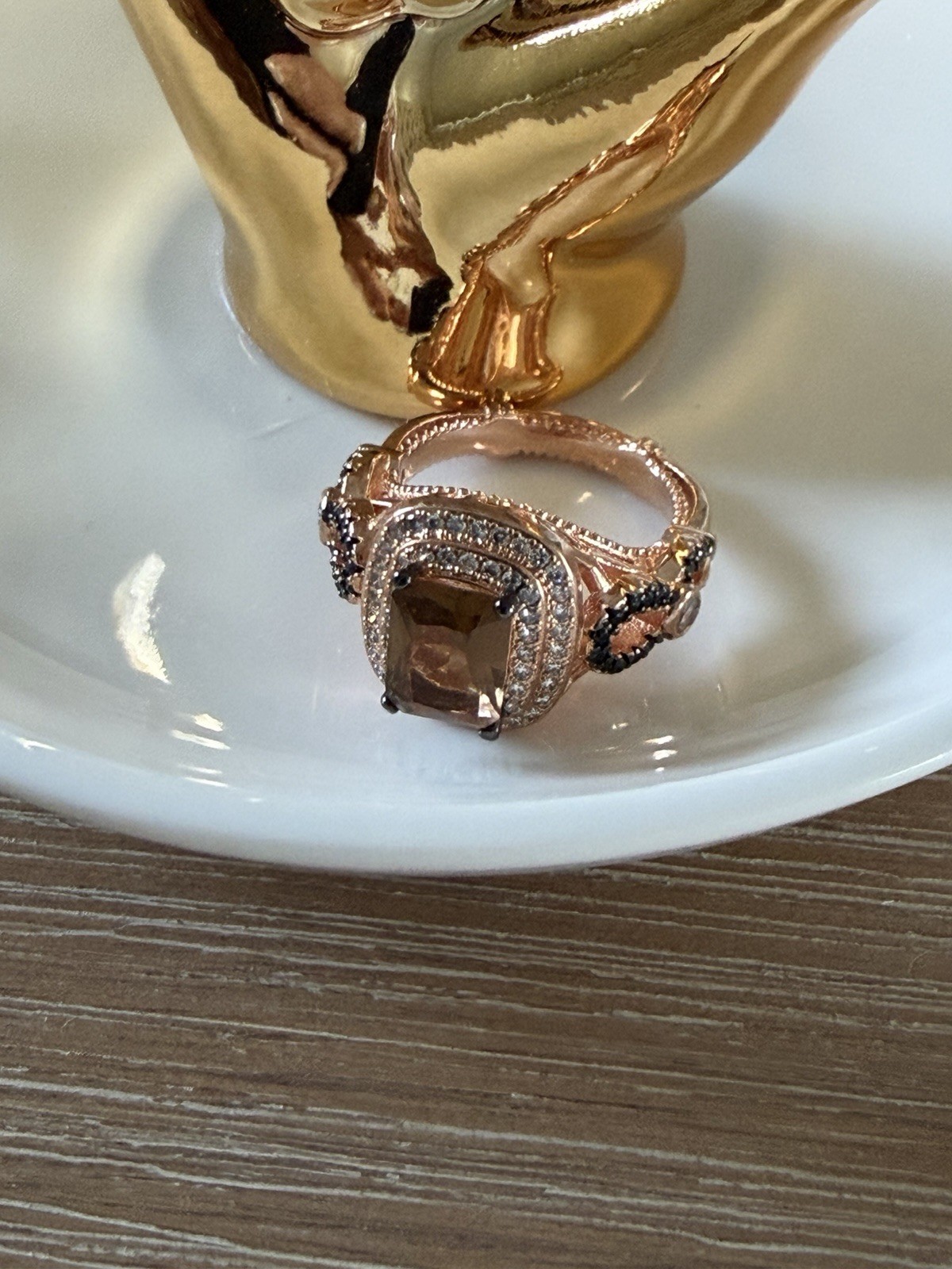 Rose Gold Plated Cocktail Ring Size 5 Brown Cushion Stone Rose Gold Tone