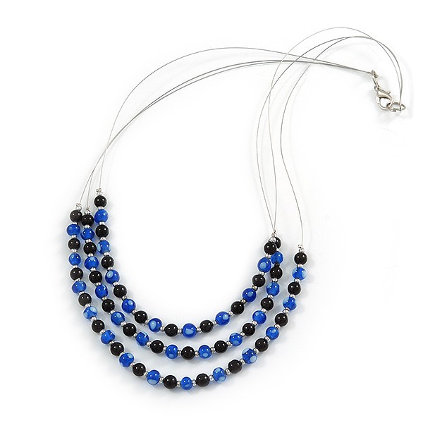 3 Strand Blue/ Black Glass Bead Wire Layered Necklace – 58cm Long