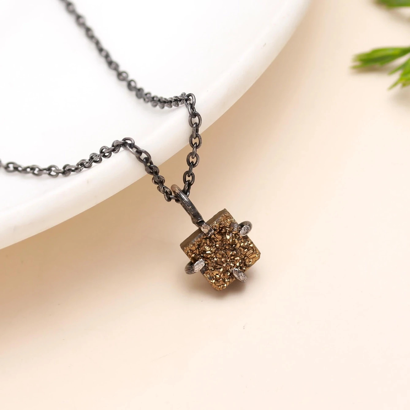 Quartz Drusy Pendant Necklace – Oxidized Silver – Roost Artisan Jewelry