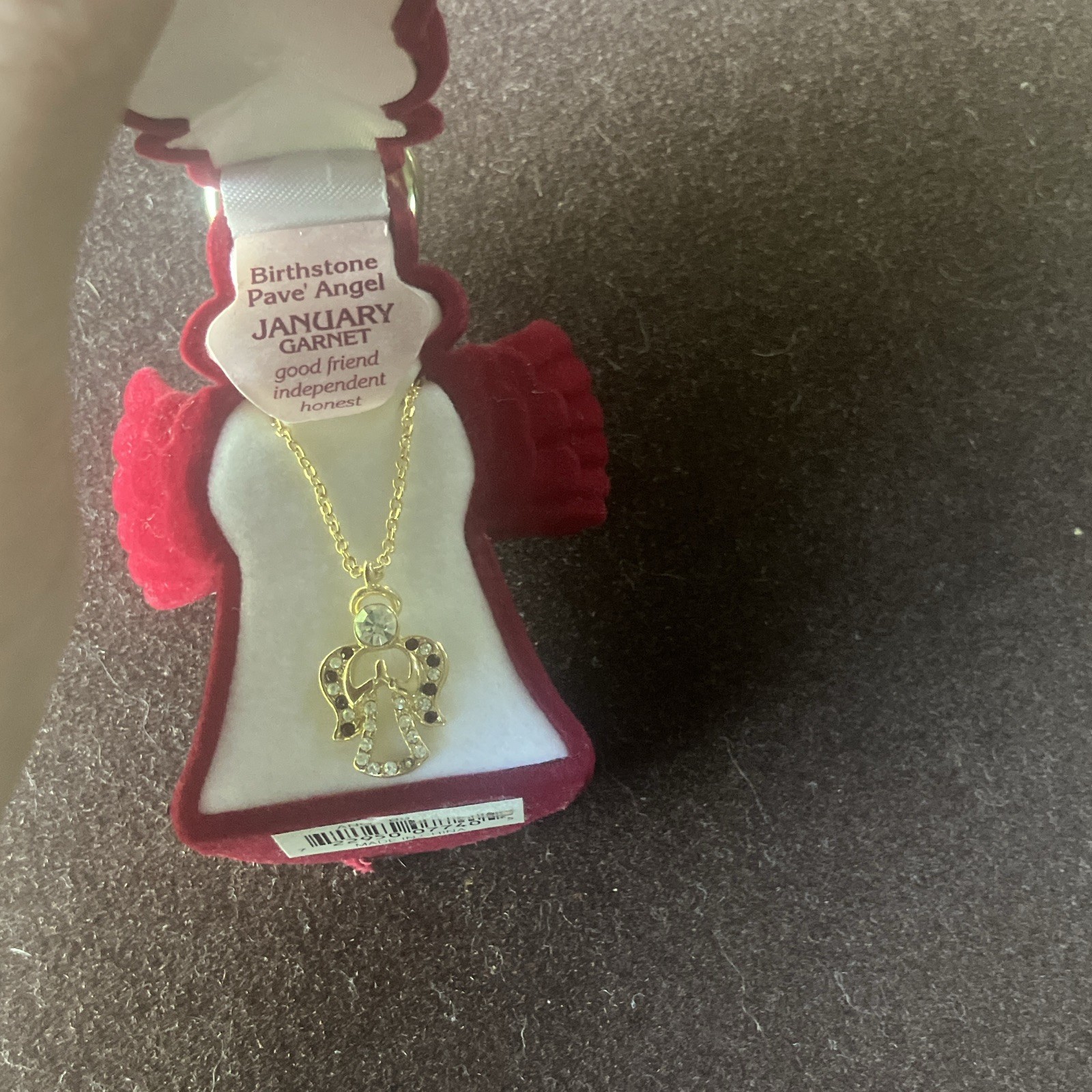 Gold Tone Pavé Angel Charm Pendant Necklace Clear Crystal Garnet Red Cable