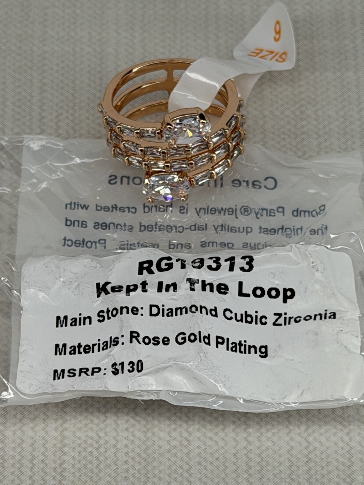 Bomb Party OG Ring Kept In The Loop Rose Gold CZ Size 6 NEW