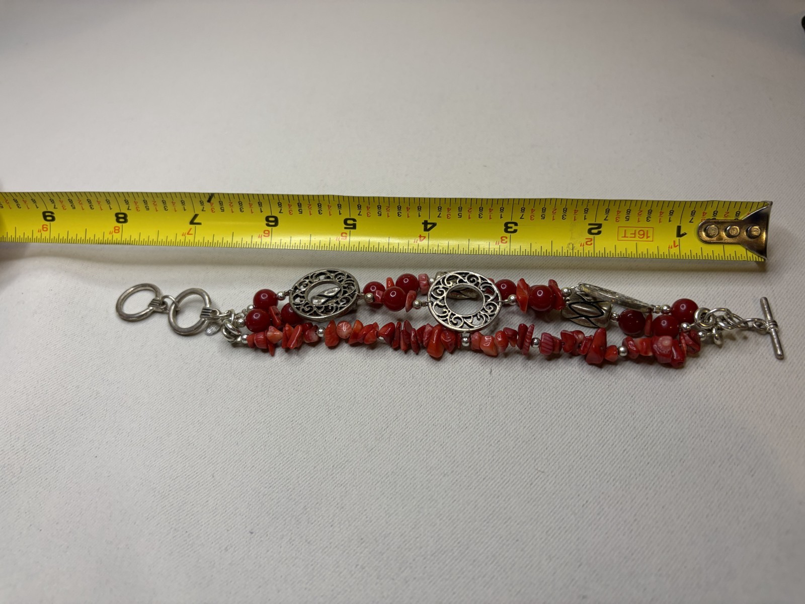 Signed Chico’s Multi Strand Red Coral Chip Bead Toggle Bracelet Silver Tone 8″