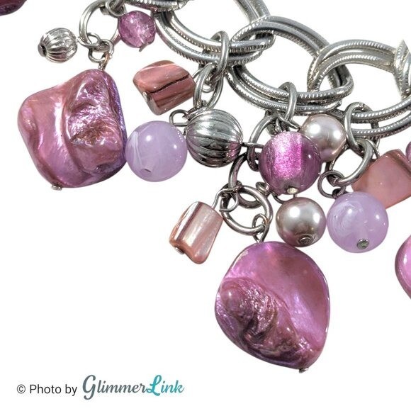 Silver Tone Bib Necklace with Pink Shell Chips Faux Pearls and Acrylic Beads