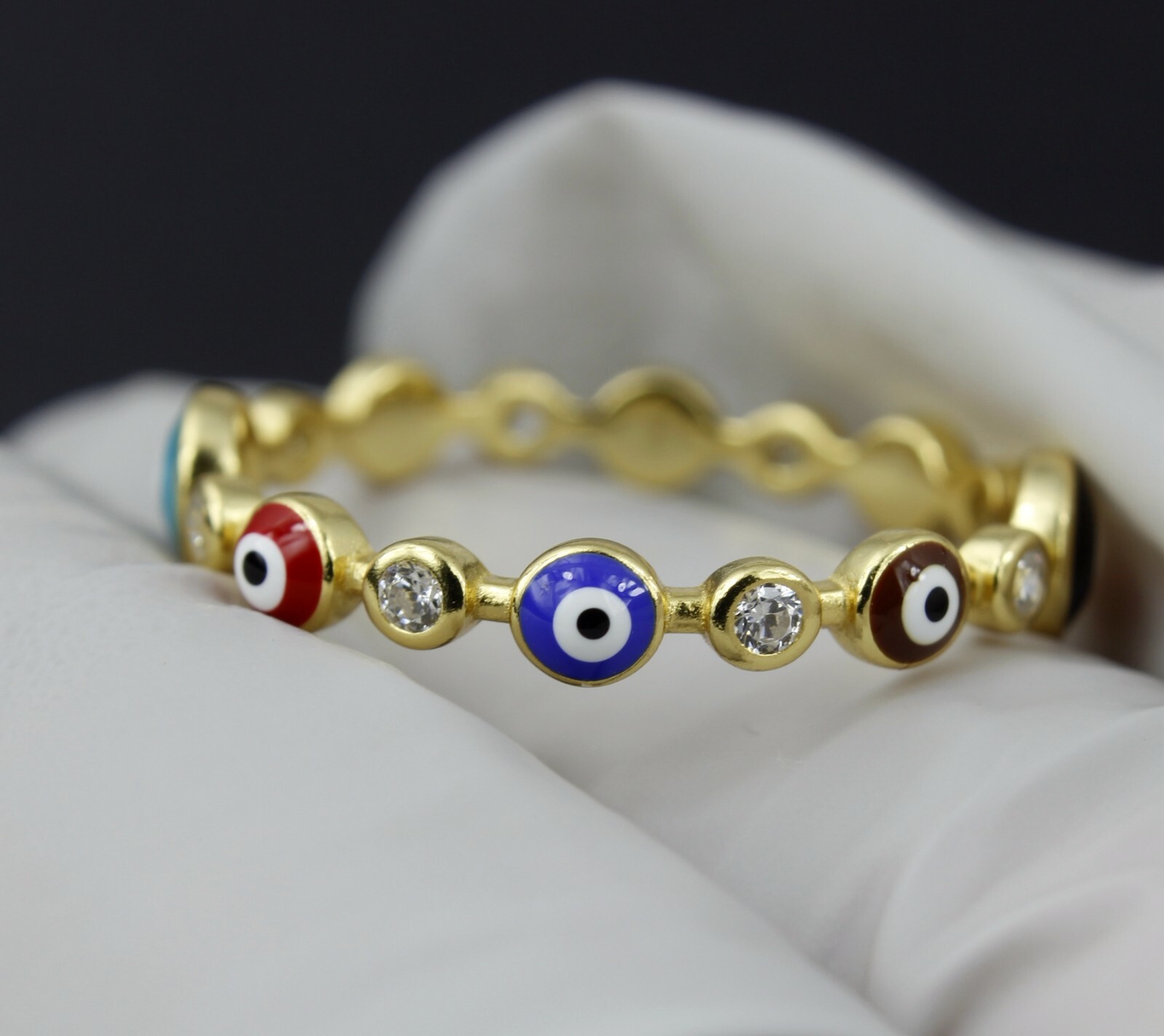 Women 925 sterling silver Color Round CZ Lucky Gold Evil Eye Hand Ring 5-9