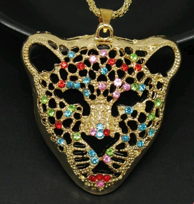 Betsey Johnson Pave MULTICOLOR Crystal Gold LEOPARD Pendant NECKLACE NWT