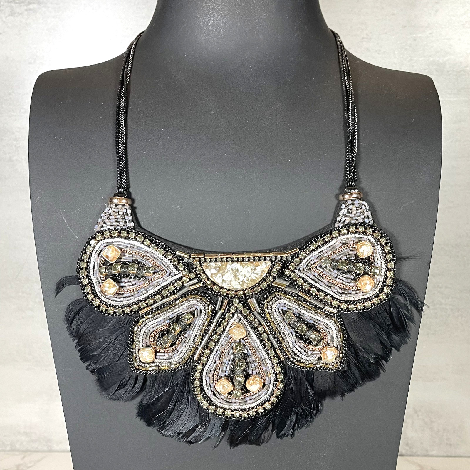 Stella & Dot Constantine Feather Bib Necklace Black Rose Gold Crystal Statement