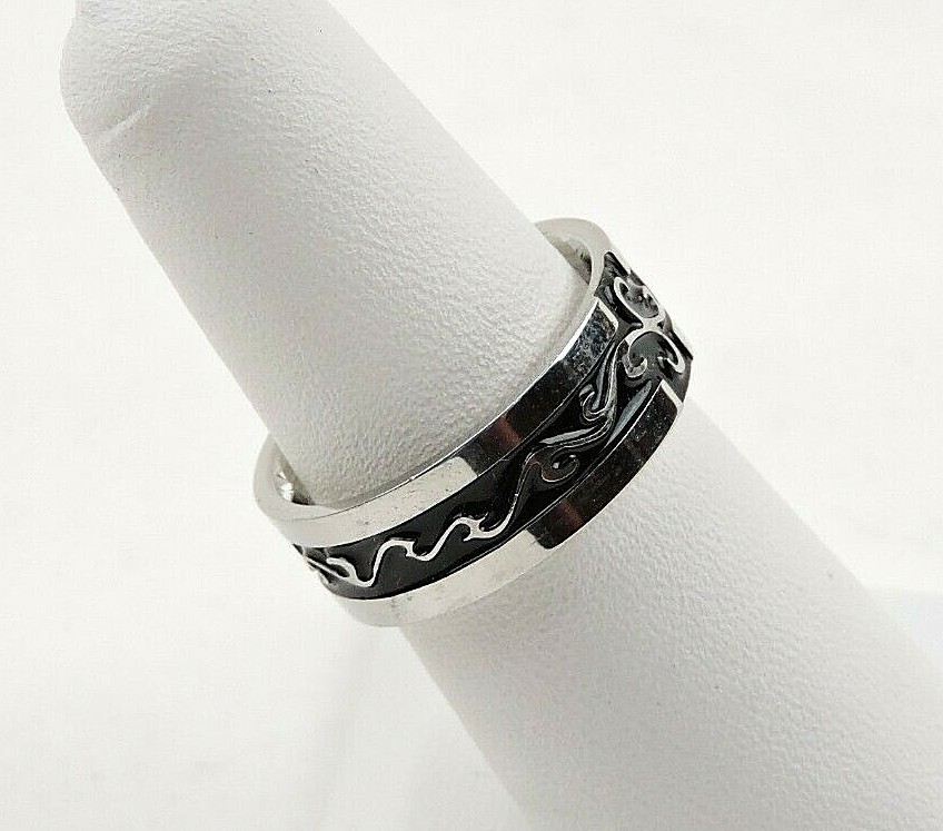 Stainless Steel Black Enamel Swirls Comfort Fit Band Ring – Free Gift Packaging