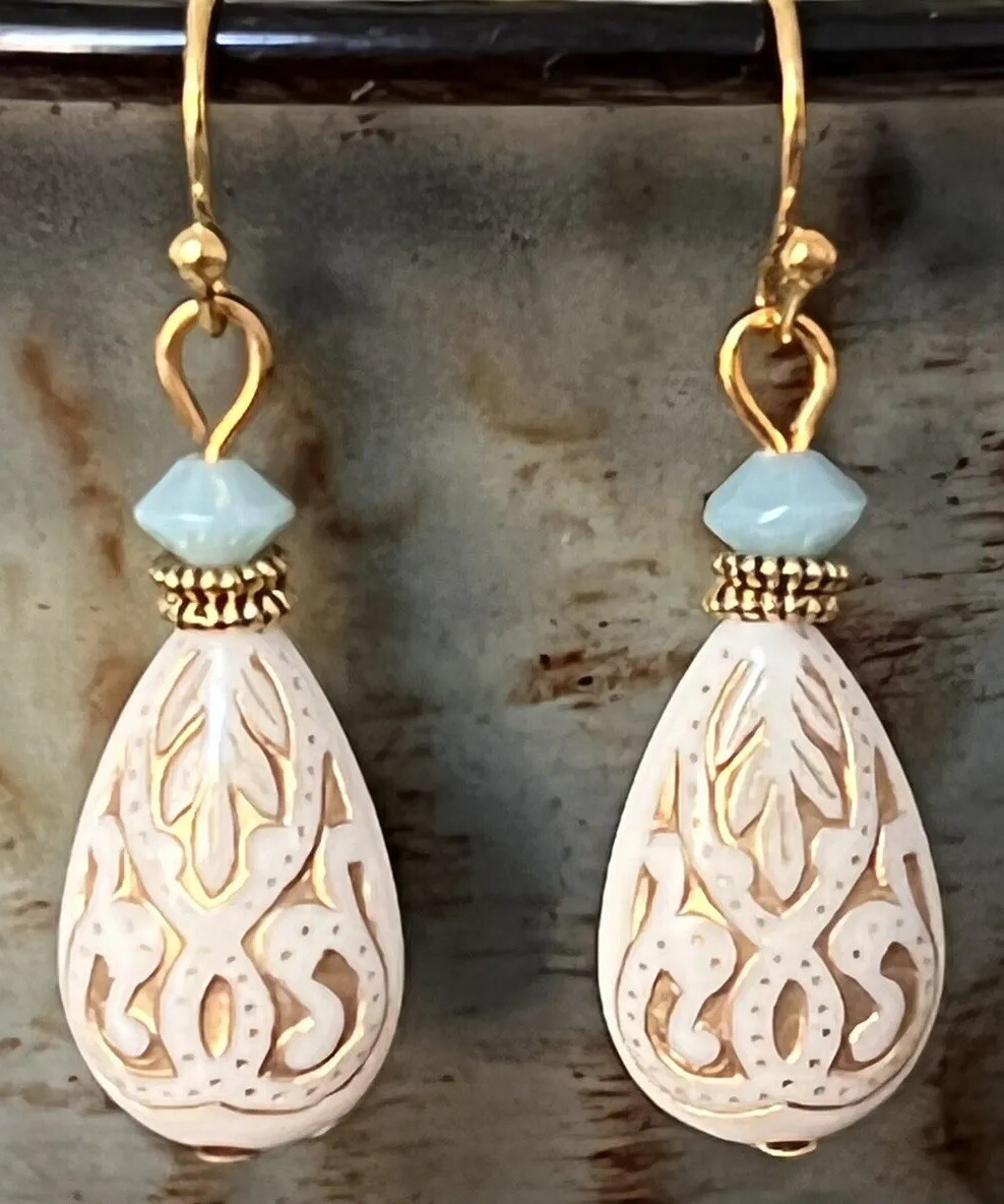 Beautiful Gold, Pale Blue and Etched Ivory Teardrop Dangle Earrings