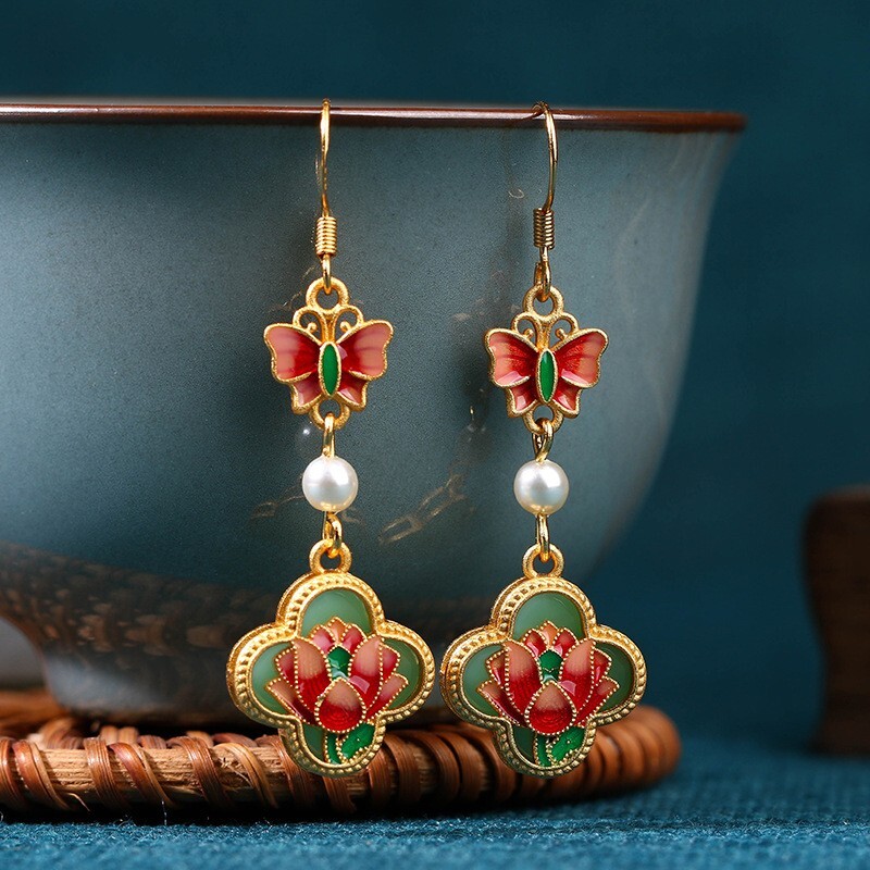 Jade Pearl Dangle Earrings Boho Butterfly Flower Dainty Gemstone 18K Gold Plated