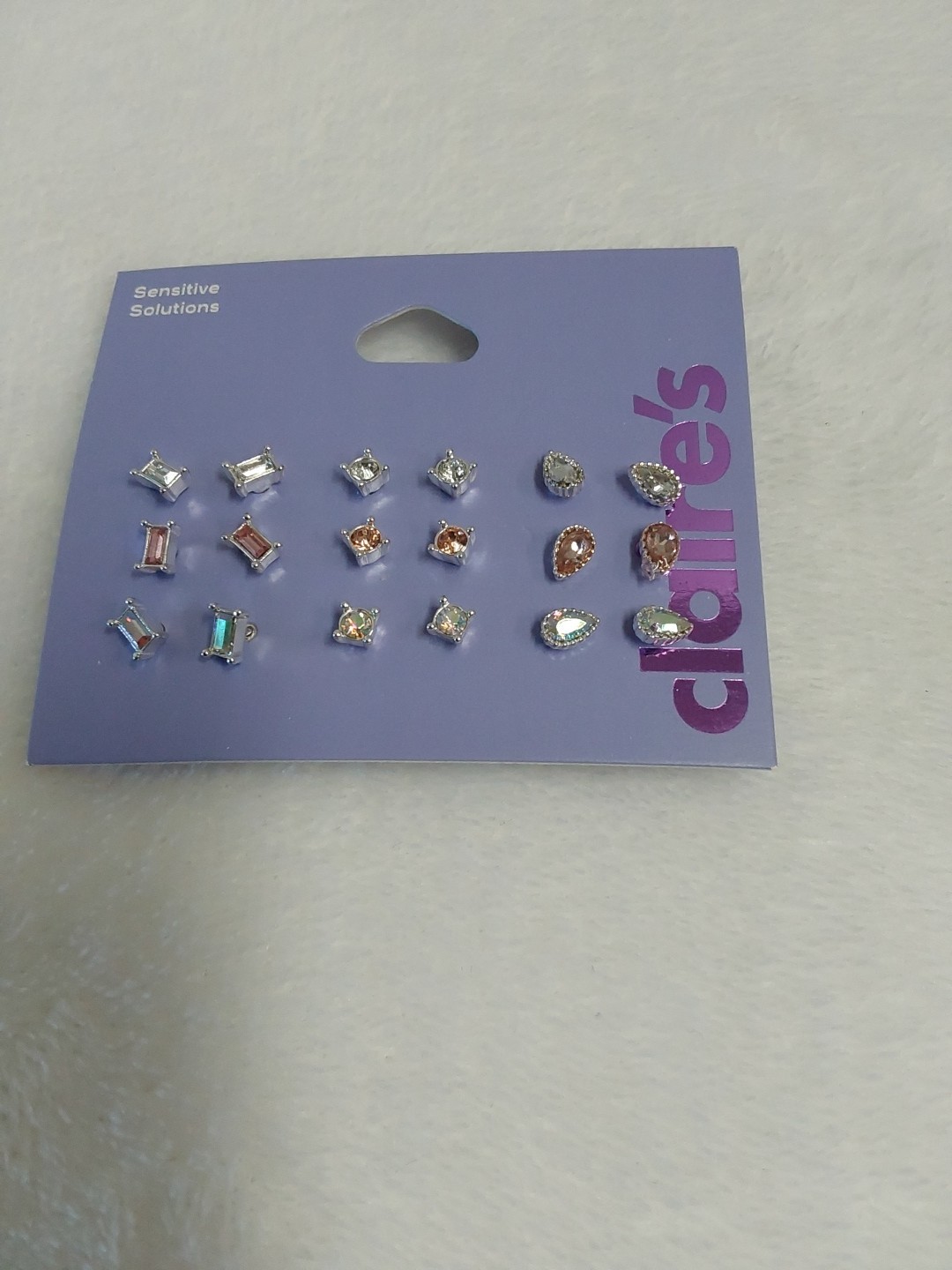Claire’s Sensitive Solutions Silver Tone (9) Pairs Rhinestone Post Earrings BNWT