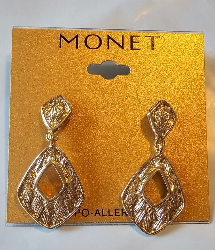 Monet Gold Tone Post Back Earrings Dangle Filigree 1.5 Inch NEW