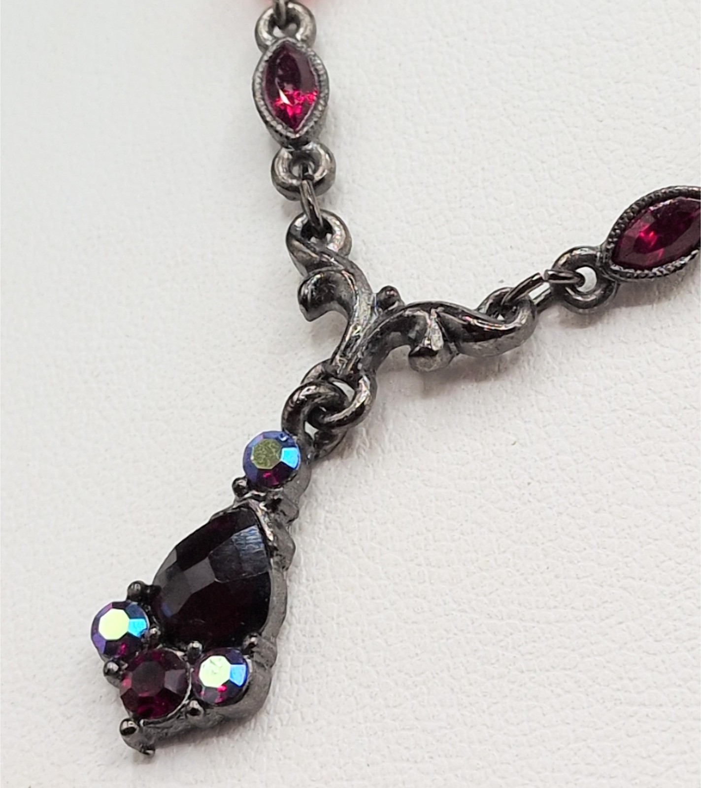 Necklace 1928 Gunmetal Silver Tone Y-Drop Red Beads Aurora Borealis Rhinestones