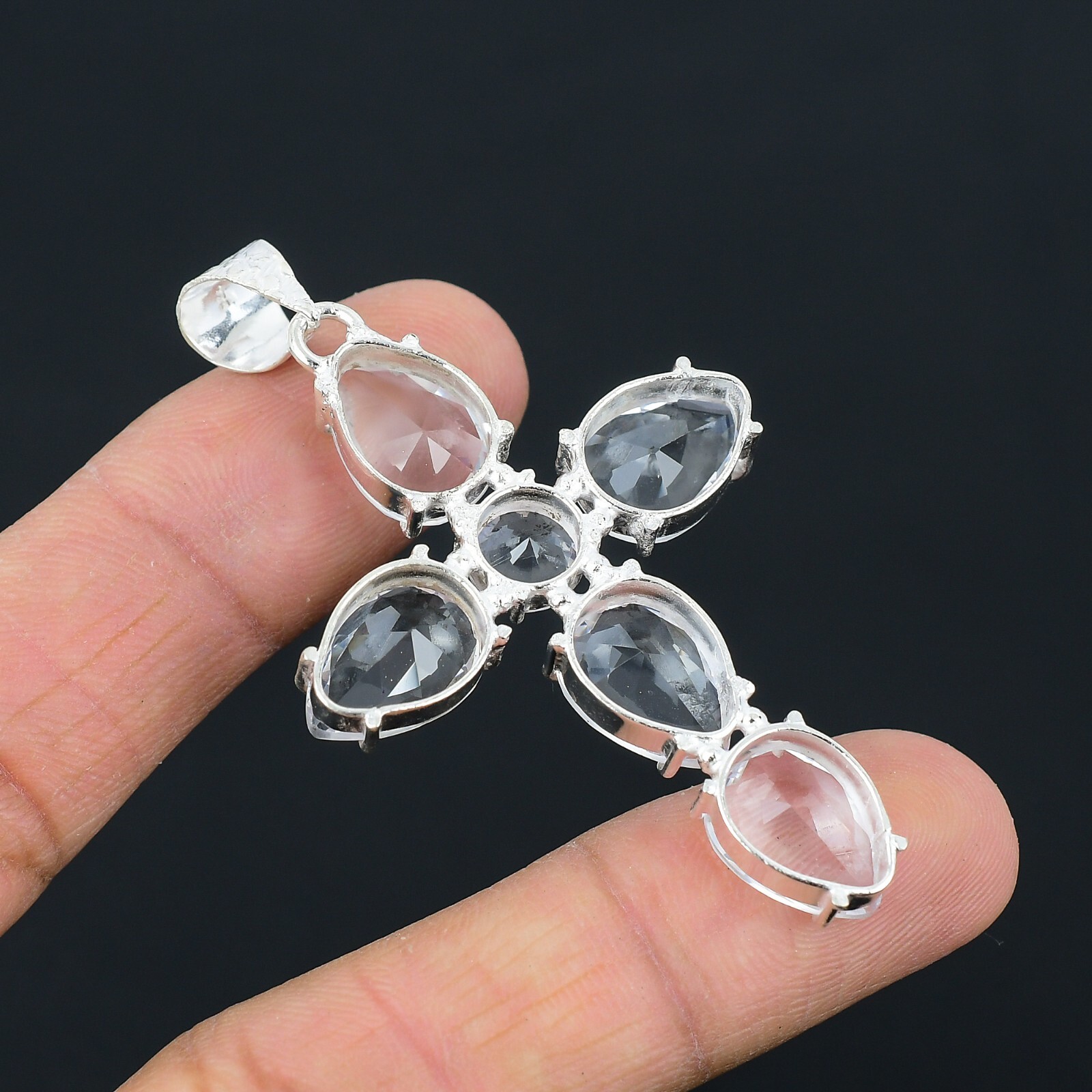 White Topaz Ethnic Handmade Cross Design Pendant Jewelry Party Wear 2.6″ CP 004