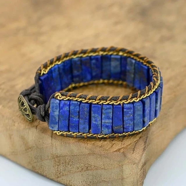 Natural Wide Lapis lazuli Beads Healing Chakra Blue Gemstone Warp Bracelet