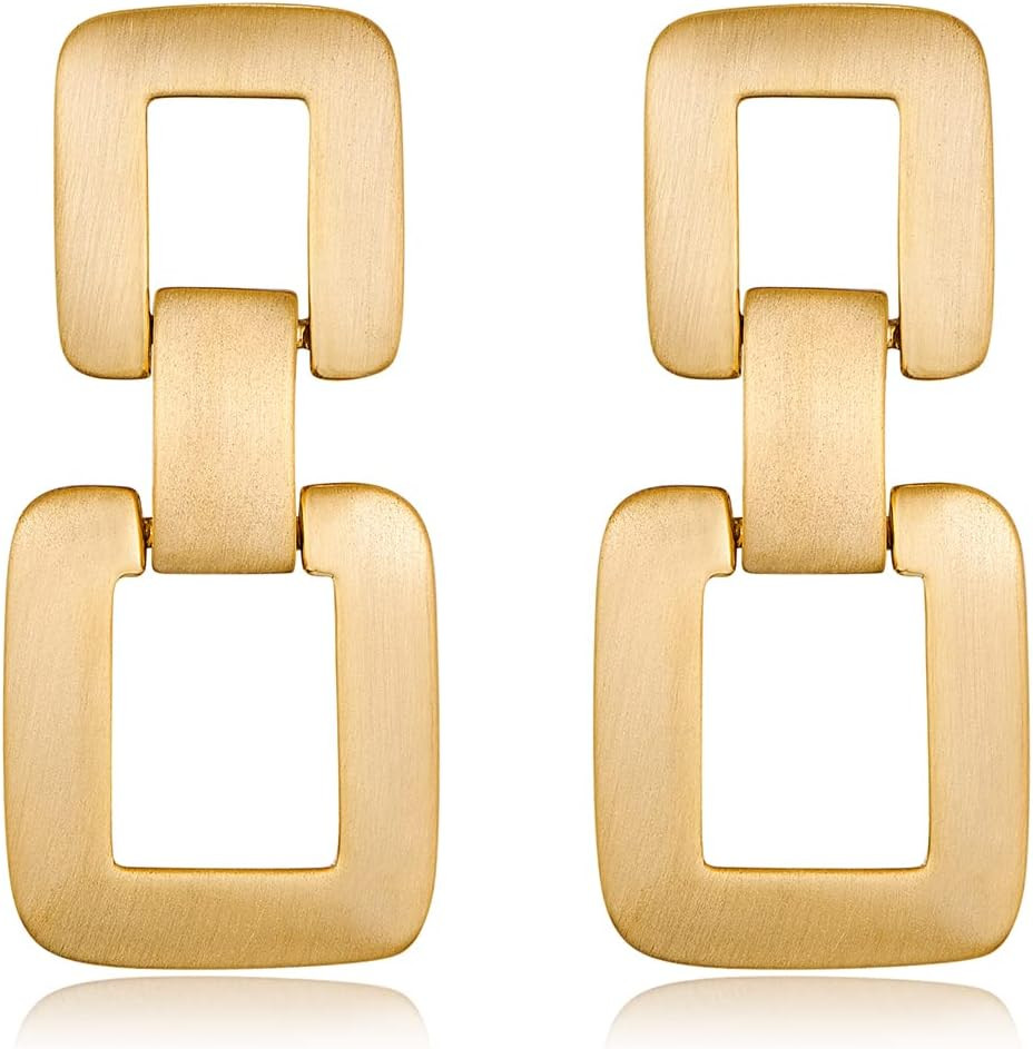 Gold Silver Geometric Drop Dangle Earrings for Women Brushed Link Square Dangle